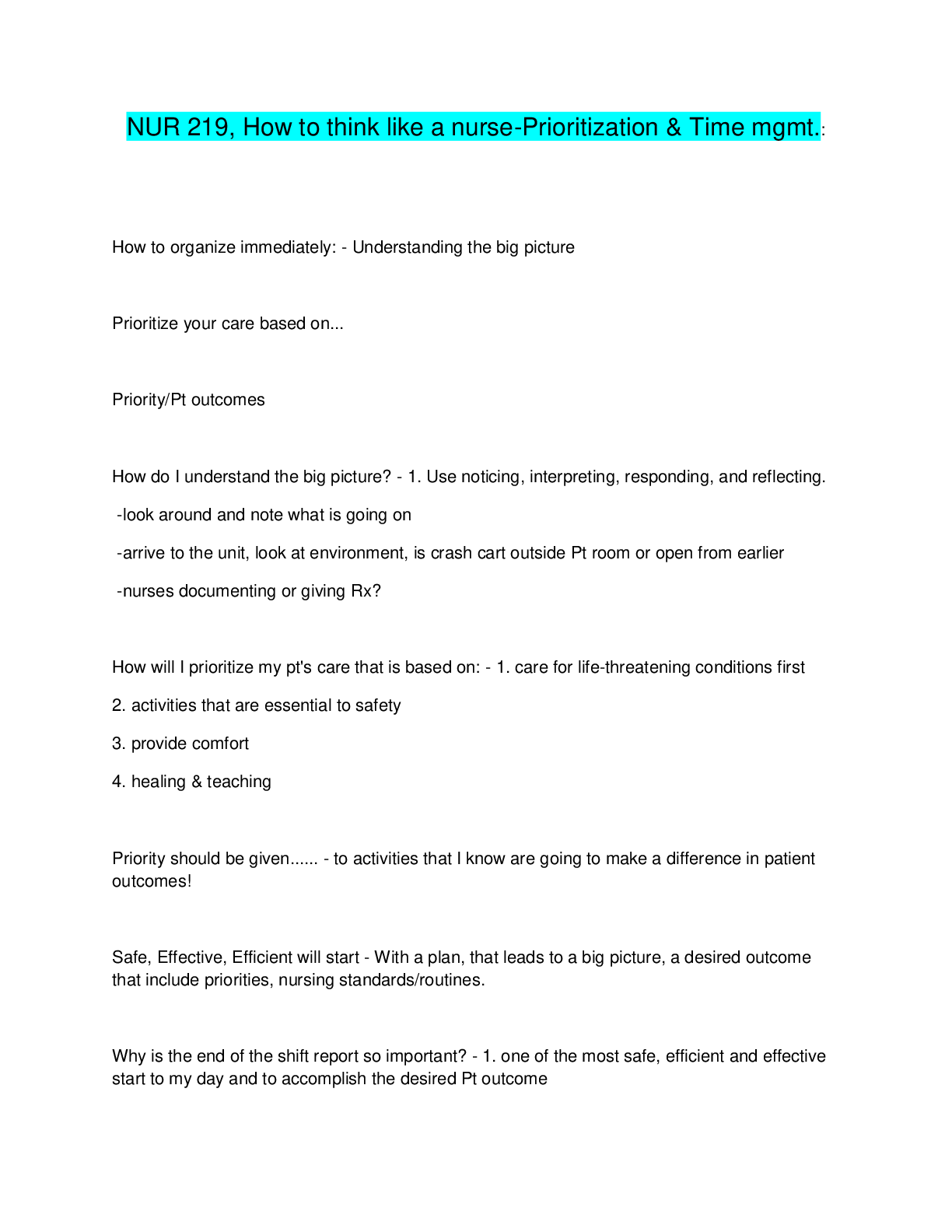 Preview image for NUR 219, How to think like a nurse-Prioritization & Time mgmt.